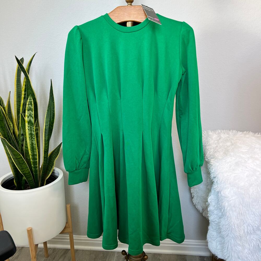 NWT Rebdolls Green Crew Neck Puff Sleeves Mini-Mid Skater Dress Size M 6-8